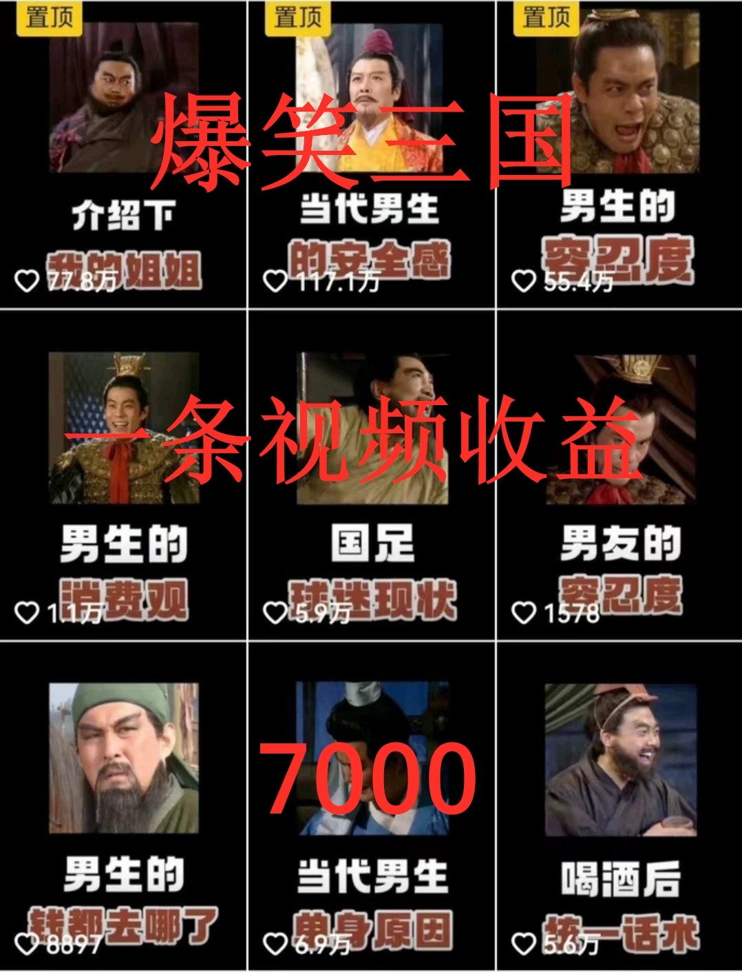 爆笑三国，一条视频收益7000+，条条爆款，5分钟一个原创视频，多种变现方式网赚项目-副业赚钱-互联网创业-资源整合子龙项目网